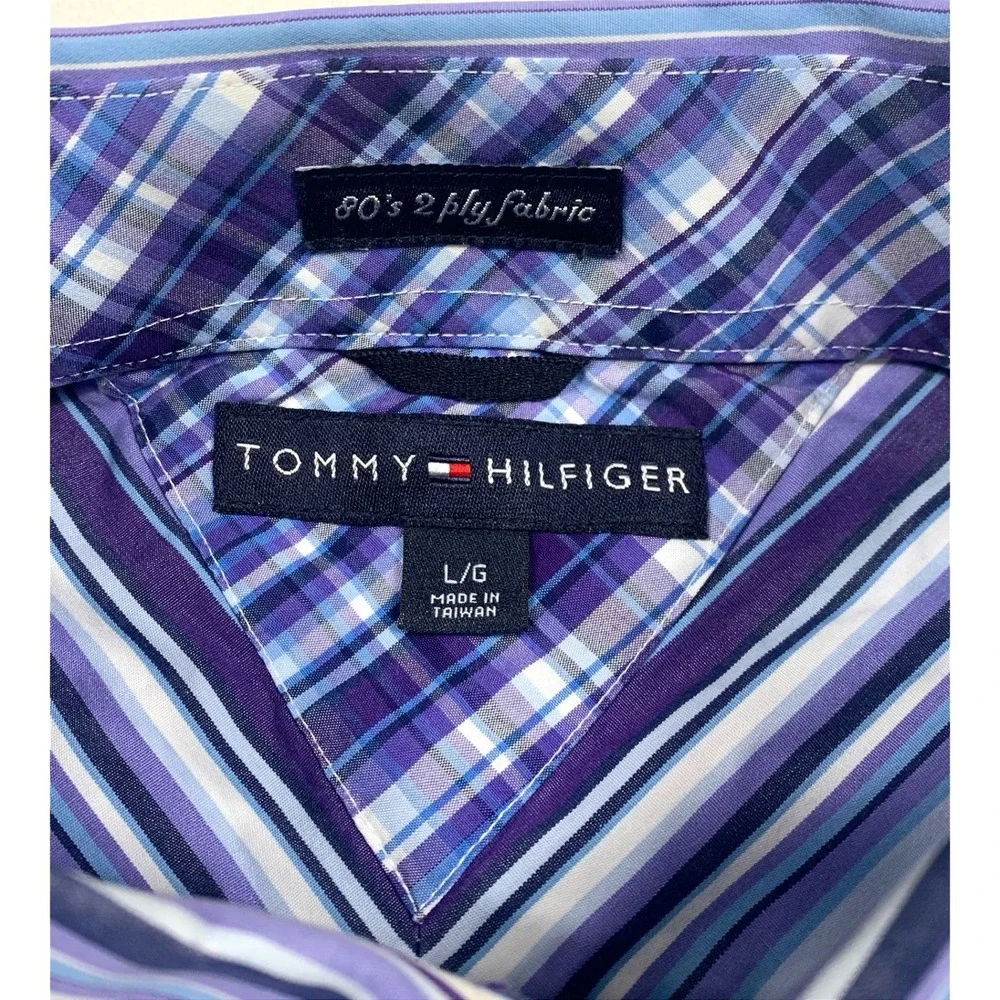 Tommy Hilfiger Button Down‎ Shirt Large Mens Purple Blue Striped Long Sleeve